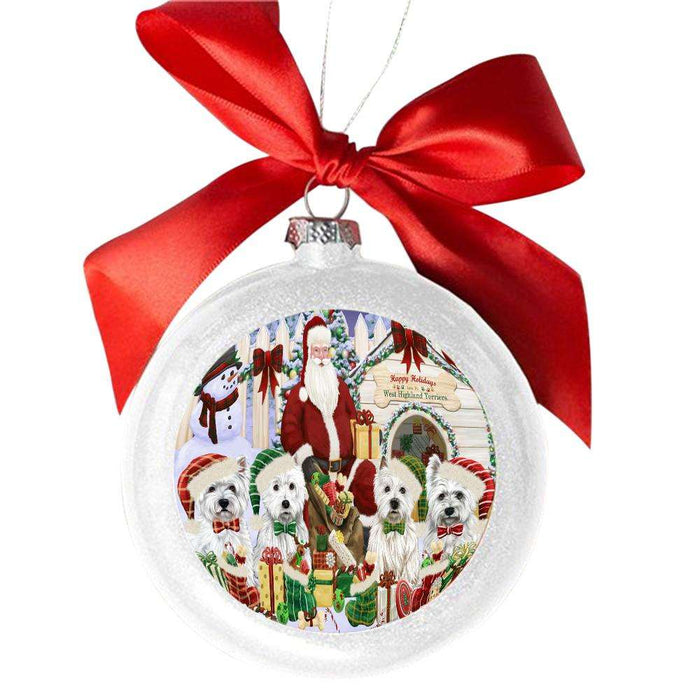 Happy Holidays Christmas West Highland Terriers Dog House Gathering White Round Ball Christmas Ornament WBSOR49735