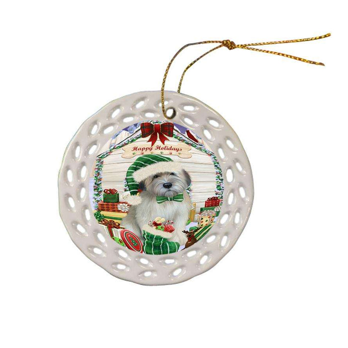 Happy Holidays Christmas Wheaten Terrier Dog With Presents Ceramic Doily Ornament DPOR52695