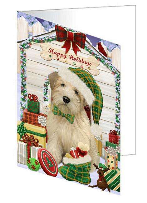 Happy Holidays Christmas Wheaten Terrier Dog With Presents Handmade Artwork Assorted Pets Greeting Cards and Note Cards with Envelopes for All Occasions and Holiday Seasons GCD62111