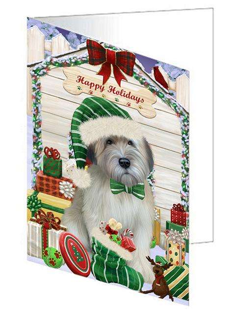 Happy Holidays Christmas Wheaten Terrier Dog With Presents Handmade Artwork Assorted Pets Greeting Cards and Note Cards with Envelopes for All Occasions and Holiday Seasons GCD62114