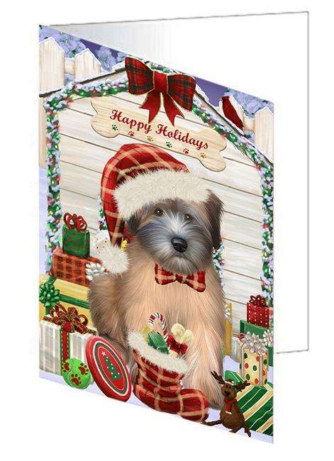 Happy Holidays Christmas Wheaten Terrier Dog With Presents Handmade Artwork Assorted Pets Greeting Cards and Note Cards with Envelopes for All Occasions and Holiday Seasons GCD62117