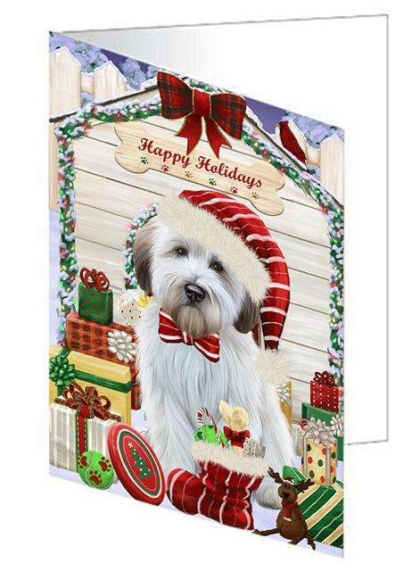 Happy Holidays Christmas Wheaten Terrier Dog With Presents Handmade Artwork Assorted Pets Greeting Cards and Note Cards with Envelopes for All Occasions and Holiday Seasons GCD62120