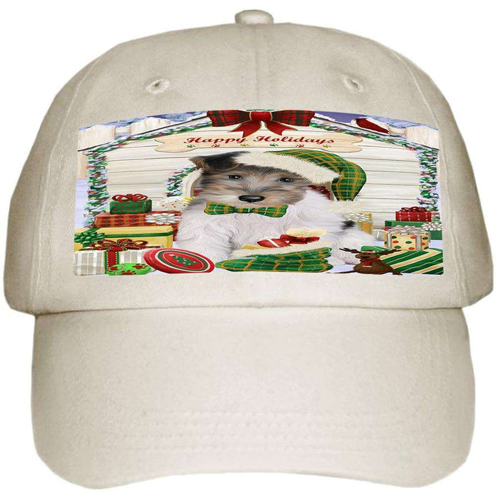 Happy Holidays Christmas Wire Fox Terrier Dog With Presents Ball Hat Cap HAT61827