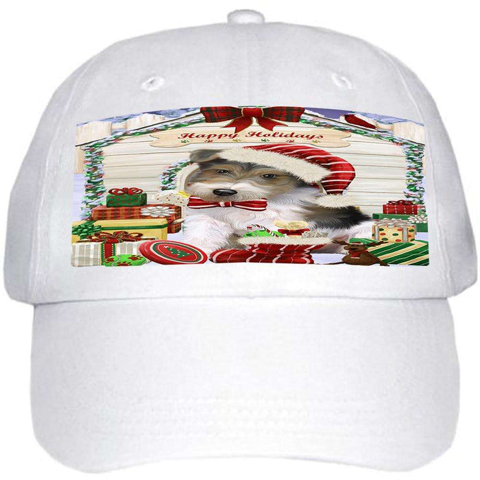 Happy Holidays Christmas Wire Fox Terrier Dog With Presents Ball Hat Cap HAT61836
