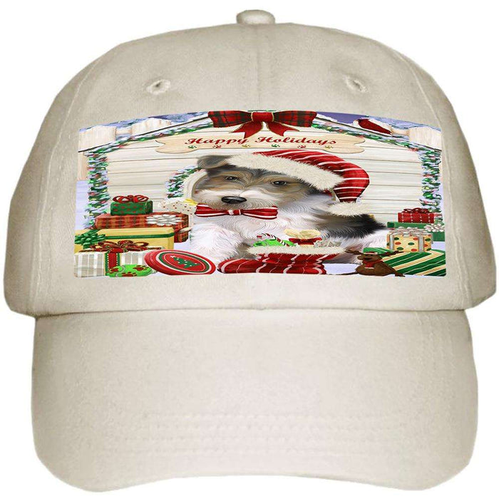 Happy Holidays Christmas Wire Fox Terrier Dog With Presents Ball Hat Cap HAT61836