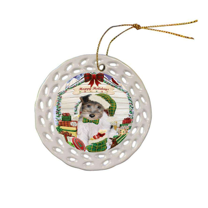 Happy Holidays Christmas Wire Fox Terrier Dog With Presents Ceramic Doily Ornament DPOR52698