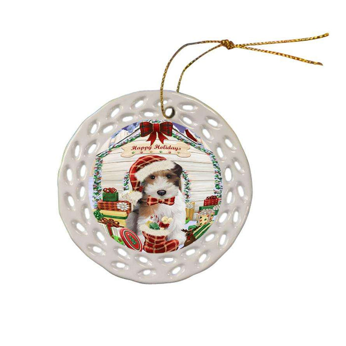 Happy Holidays Christmas Wire Fox Terrier Dog With Presents Ceramic Doily Ornament DPOR52700