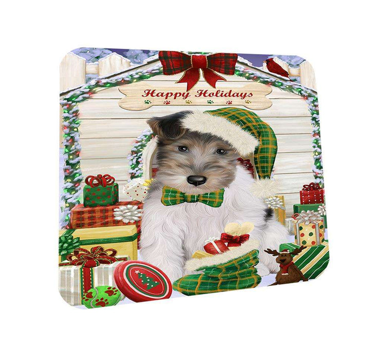 Happy Holidays Christmas Wire Fox Terrier Dog With Presents Coasters Set of 4 CST52657