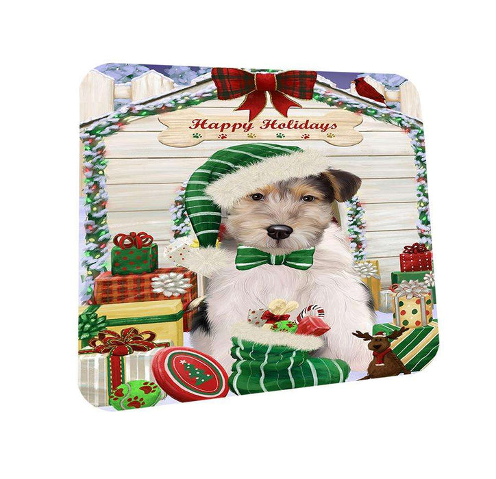 Happy Holidays Christmas Wire Fox Terrier Dog With Presents Coasters Set of 4 CST52658