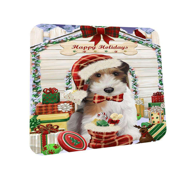 Happy Holidays Christmas Wire Fox Terrier Dog With Presents Coasters Set of 4 CST52659