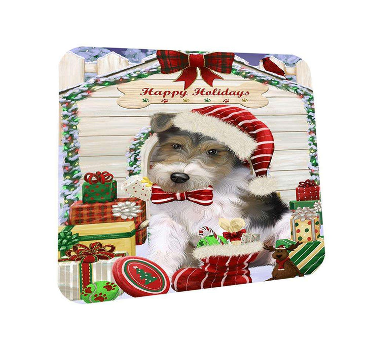 Happy Holidays Christmas Wire Fox Terrier Dog With Presents Coasters Set of 4 CST52660
