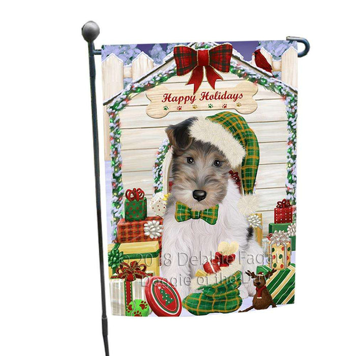 Happy Holidays Christmas Wire Fox Terrier Dog With Presents Garden Flag GFLG52643