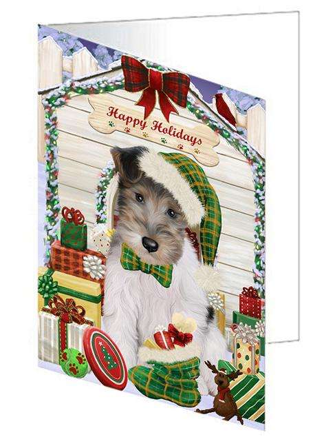Happy Holidays Christmas Wire Fox Terrier Dog With Presents Handmade Artwork Assorted Pets Greeting Cards and Note Cards with Envelopes for All Occasions and Holiday Seasons GCD62123