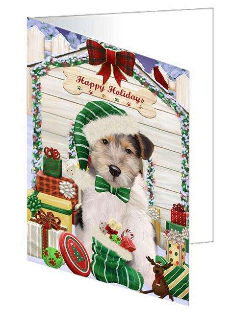 Happy Holidays Christmas Wire Fox Terrier Dog With Presents Handmade Artwork Assorted Pets Greeting Cards and Note Cards with Envelopes for All Occasions and Holiday Seasons GCD62126