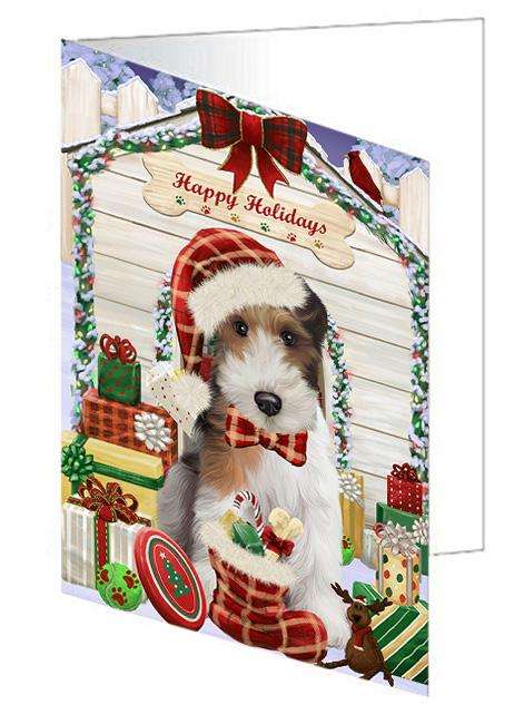 Happy Holidays Christmas Wire Fox Terrier Dog With Presents Handmade Artwork Assorted Pets Greeting Cards and Note Cards with Envelopes for All Occasions and Holiday Seasons GCD62129