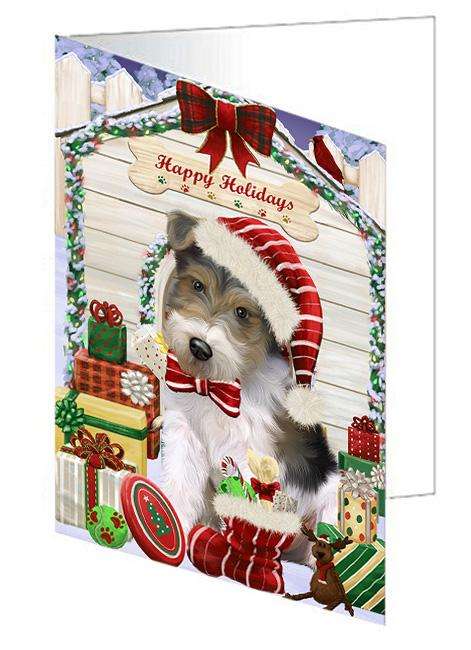 Happy Holidays Christmas Wire Fox Terrier Dog With Presents Handmade Artwork Assorted Pets Greeting Cards and Note Cards with Envelopes for All Occasions and Holiday Seasons GCD62132