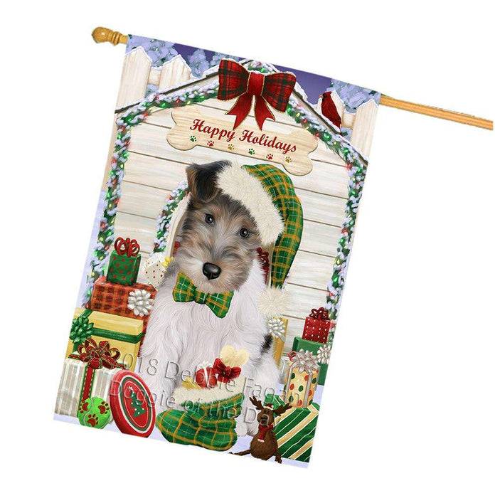 Happy Holidays Christmas Wire Fox Terrier Dog With Presents House Flag FLG52779