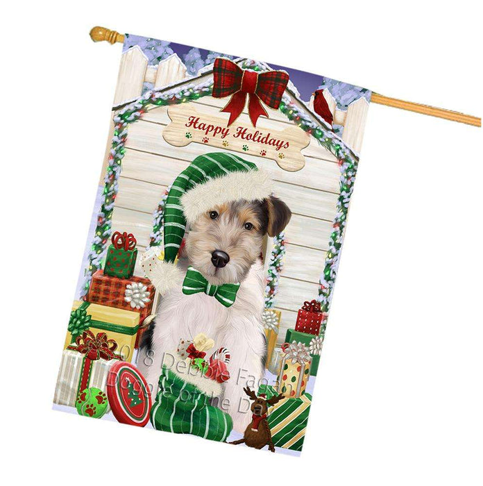 Happy Holidays Christmas Wire Fox Terrier Dog With Presents House Flag FLG52780