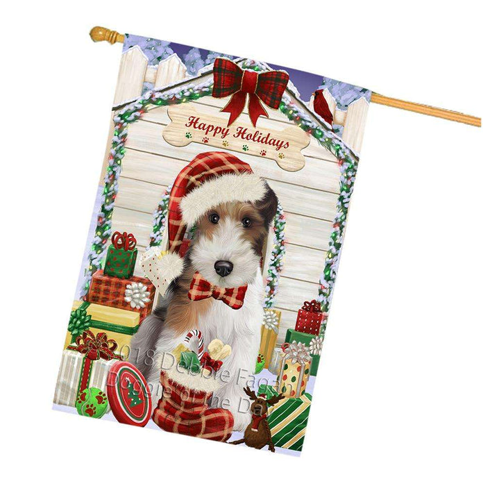 Happy Holidays Christmas Wire Fox Terrier Dog With Presents House Flag FLG52781