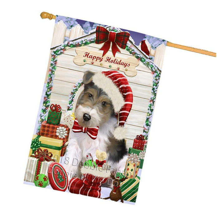 Happy Holidays Christmas Wire Fox Terrier Dog With Presents House Flag FLG52782
