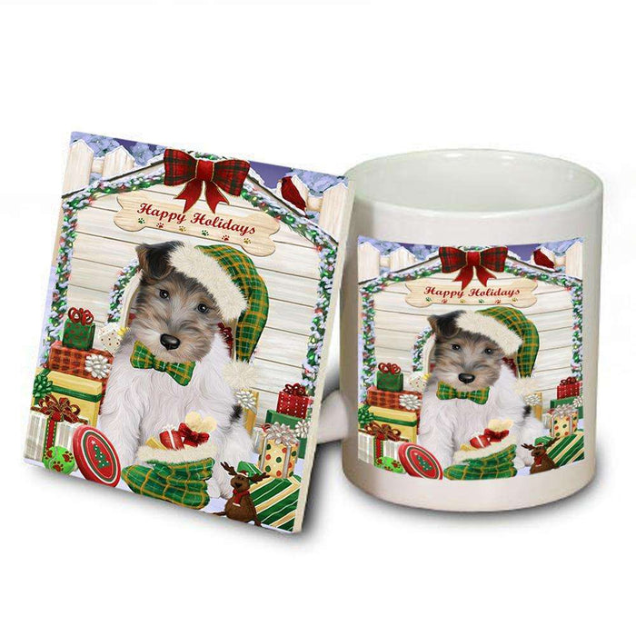 Happy Holidays Christmas Wire Fox Terrier Dog With Presents Mug and Coaster Set MUC52690