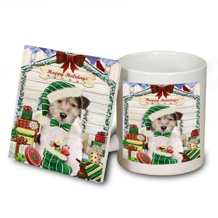 Happy Holidays Christmas Wire Fox Terrier Dog With Presents Mug and Coaster Set MUC52691
