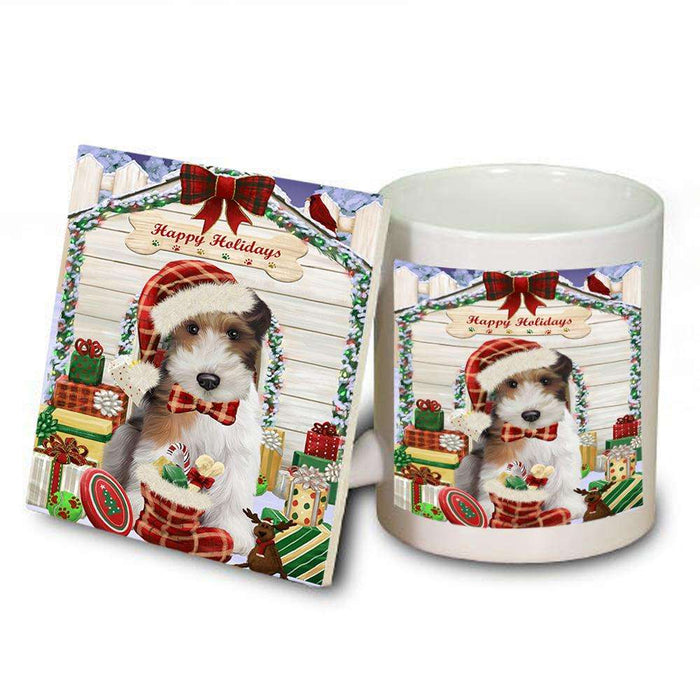 Happy Holidays Christmas Wire Fox Terrier Dog With Presents Mug and Coaster Set MUC52692