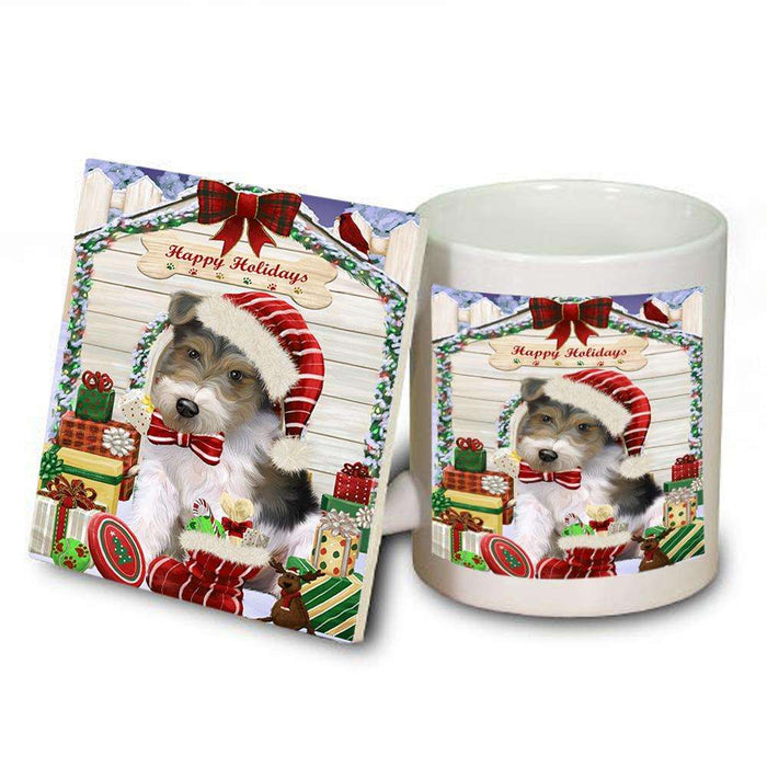 Happy Holidays Christmas Wire Fox Terrier Dog With Presents Mug and Coaster Set MUC52693