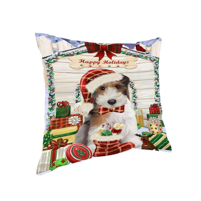 Happy Holidays Christmas Wire Fox Terrier Dog With Presents Pillow PIL66956