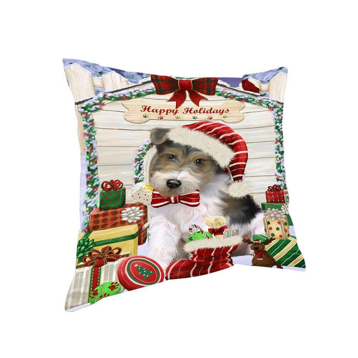 Happy Holidays Christmas Wire Fox Terrier Dog With Presents Pillow PIL66960