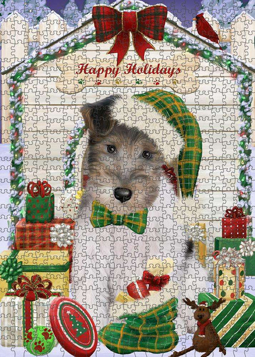 Happy Holidays Christmas Wire Fox Terrier Dog With Presents Puzzle with Photo Tin PUZL62025