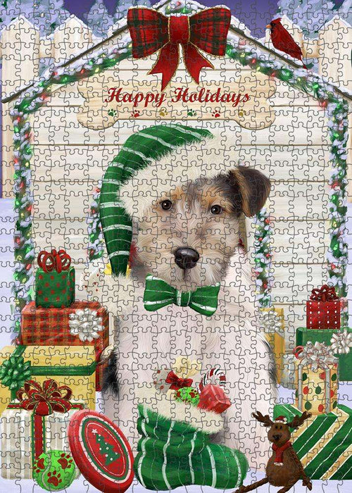 Happy Holidays Christmas Wire Fox Terrier Dog With Presents Puzzle with Photo Tin PUZL62028