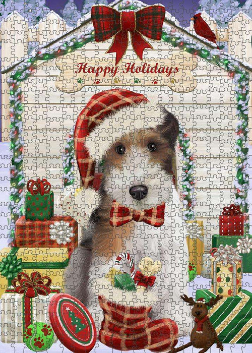 Happy Holidays Christmas Wire Fox Terrier Dog With Presents Puzzle with Photo Tin PUZL62031