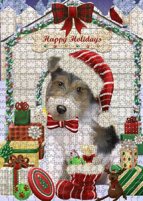 Happy Holidays Christmas Wire Fox Terrier Dog With Presents Puzzle with Photo Tin PUZL62034