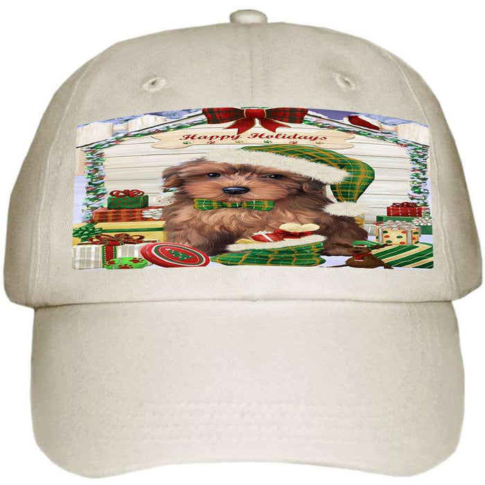 Happy Holidays Christmas Yorkipoo Dog House with Presents Ball Hat Cap HAT58341