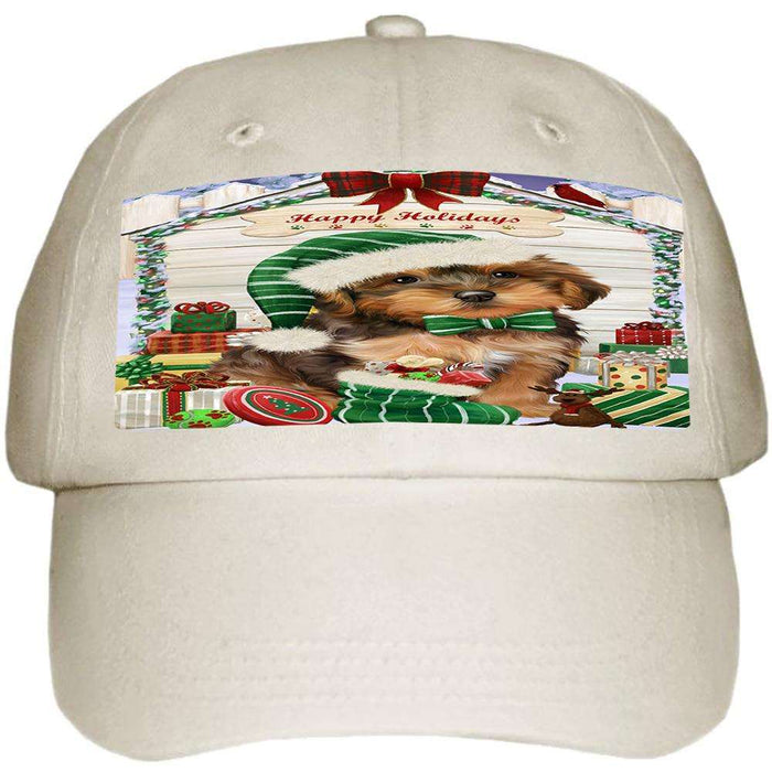 Happy Holidays Christmas Yorkipoo Dog House with Presents Ball Hat Cap HAT58344