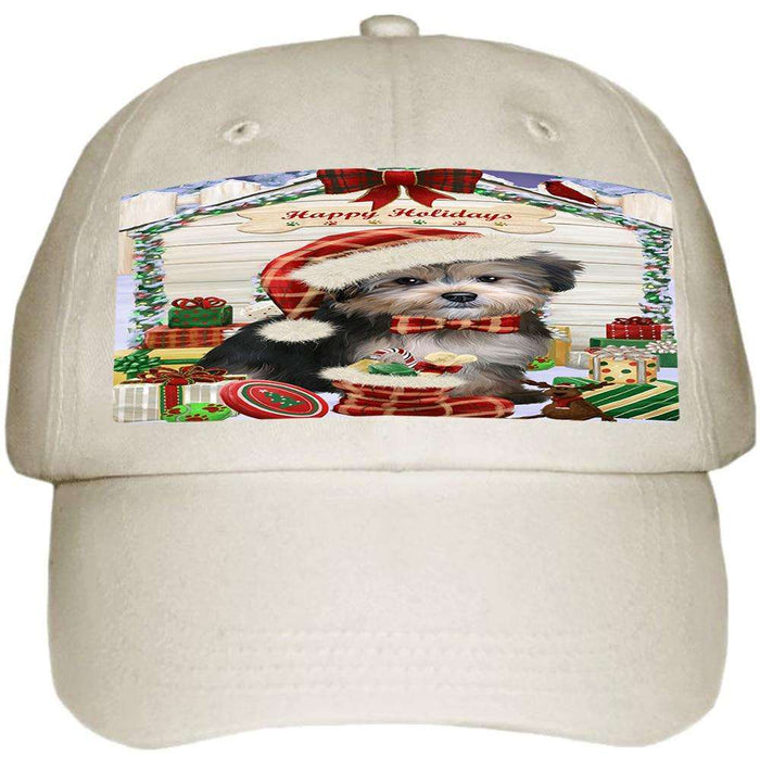 Happy Holidays Christmas Yorkipoo Dog House with Presents Ball Hat Cap HAT58347