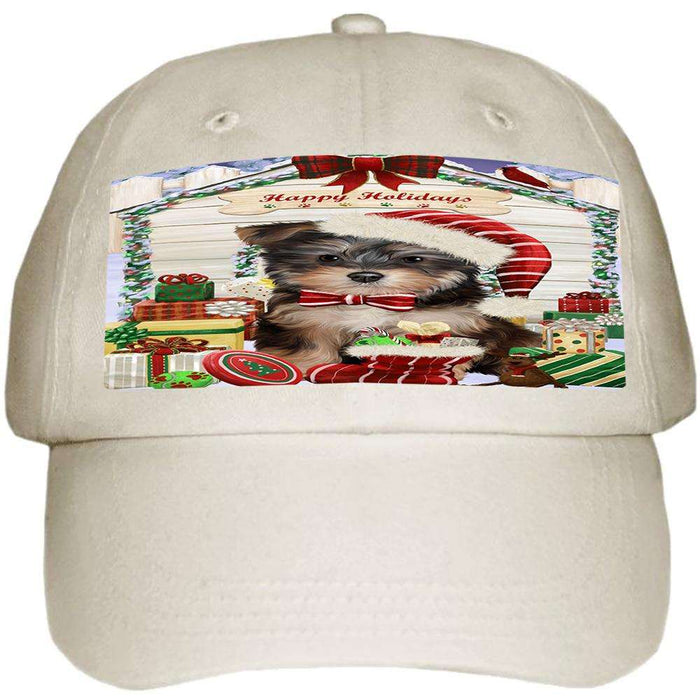 Happy Holidays Christmas Yorkipoo Dog House with Presents Ball Hat Cap HAT58350