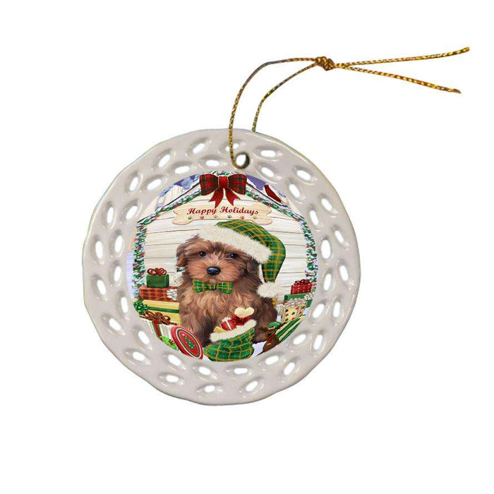 Happy Holidays Christmas Yorkipoo Dog House With Presents Ceramic Doily Ornament DPOR51536