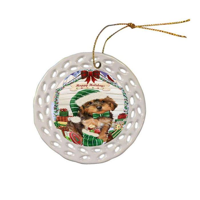 Happy Holidays Christmas Yorkipoo Dog House With Presents Ceramic Doily Ornament DPOR51537