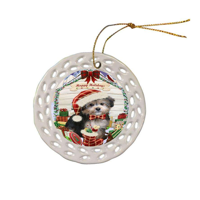 Happy Holidays Christmas Yorkipoo Dog House With Presents Ceramic Doily Ornament DPOR51538