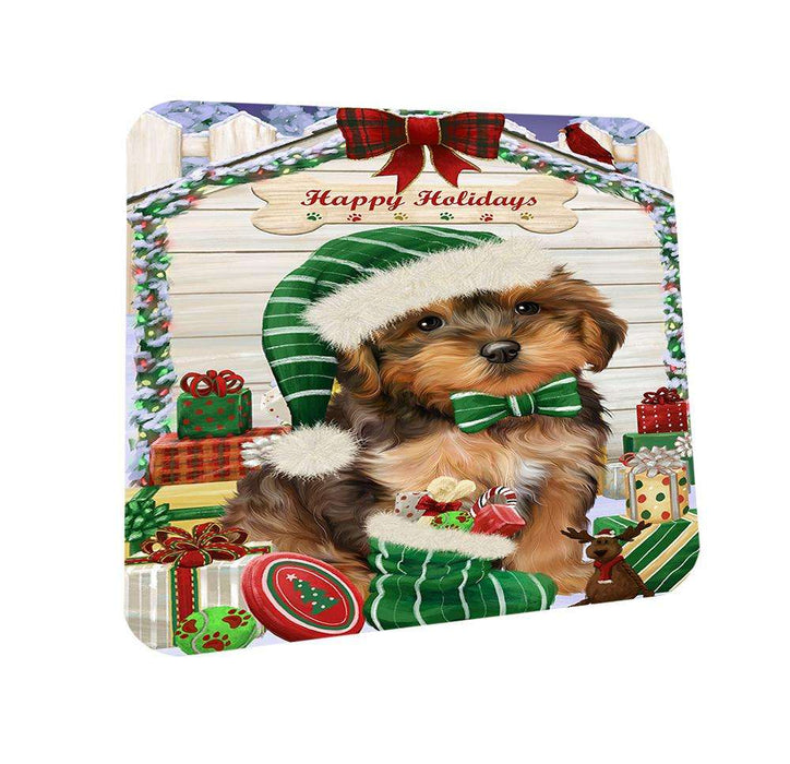 Happy Holidays Christmas Yorkipoo Dog House With Presents Coasters Set of 4 CST51496