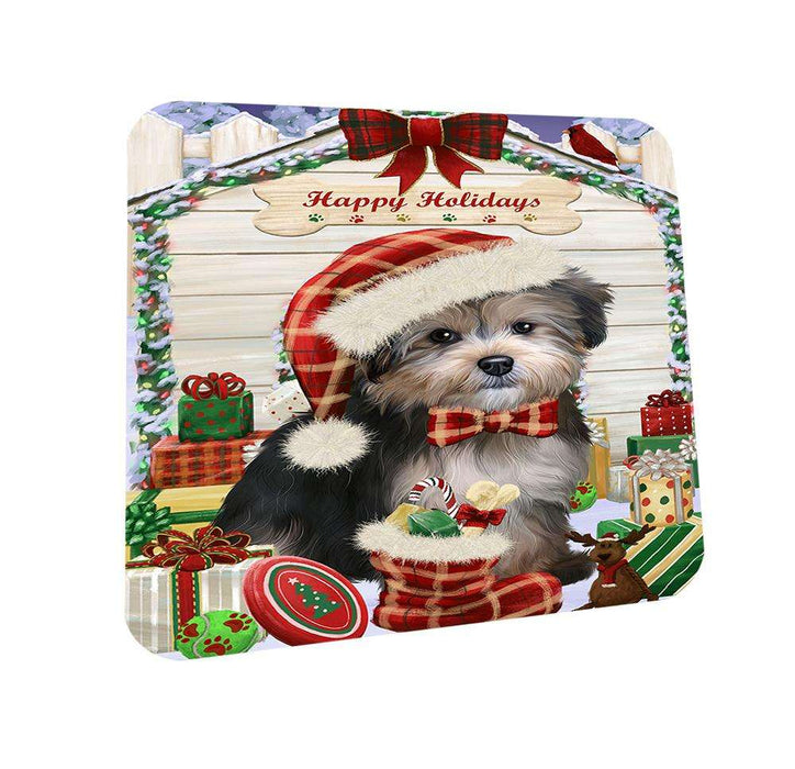 Happy Holidays Christmas Yorkipoo Dog House With Presents Coasters Set of 4 CST51497
