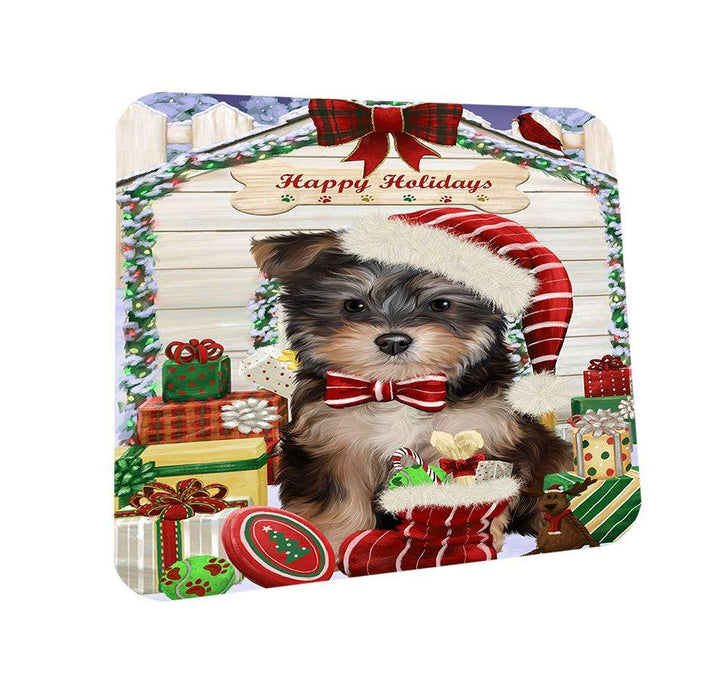 Happy Holidays Christmas Yorkipoo Dog House With Presents Coasters Set of 4 CST51498
