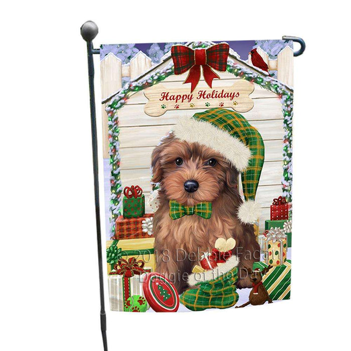 Happy Holidays Christmas Yorkipoo Dog House With Presents Garden Flag GFLG51533
