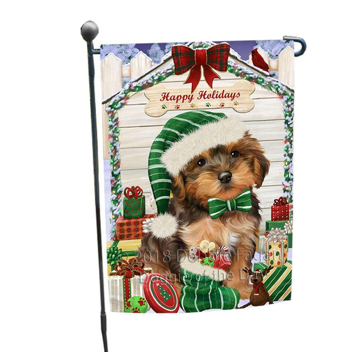 Happy Holidays Christmas Yorkipoo Dog House With Presents Garden Flag GFLG51534