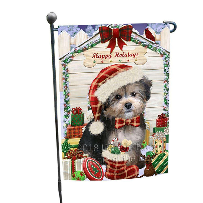 Happy Holidays Christmas Yorkipoo Dog House With Presents Garden Flag GFLG51535