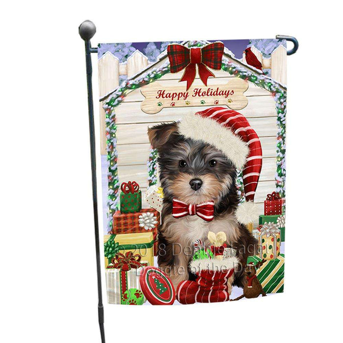 Happy Holidays Christmas Yorkipoo Dog House With Presents Garden Flag GFLG51536