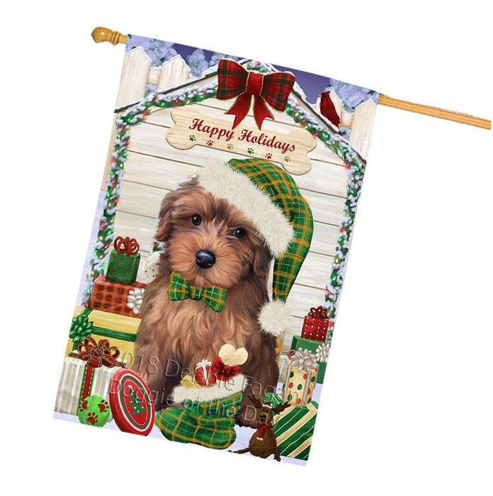 Happy Holidays Christmas Yorkipoo Dog House With Presents House Flag FLG51669