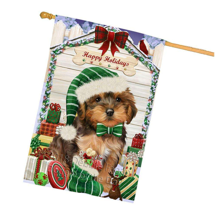 Happy Holidays Christmas Yorkipoo Dog House With Presents House Flag FLG51670